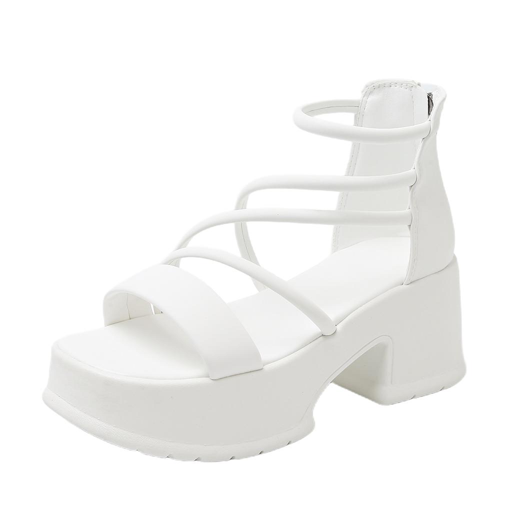 Fashion Women's Fashion Round Head Open Toe Thin Strap Back Zipper Waterproof Platform Anti-slip Wear-resistant High Heels