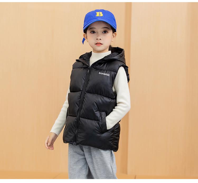 Kids' Hooded Wash-Free Down Vest for Fall/Winter, Unisex Outerwear Gilet, Medium To Large Sizes