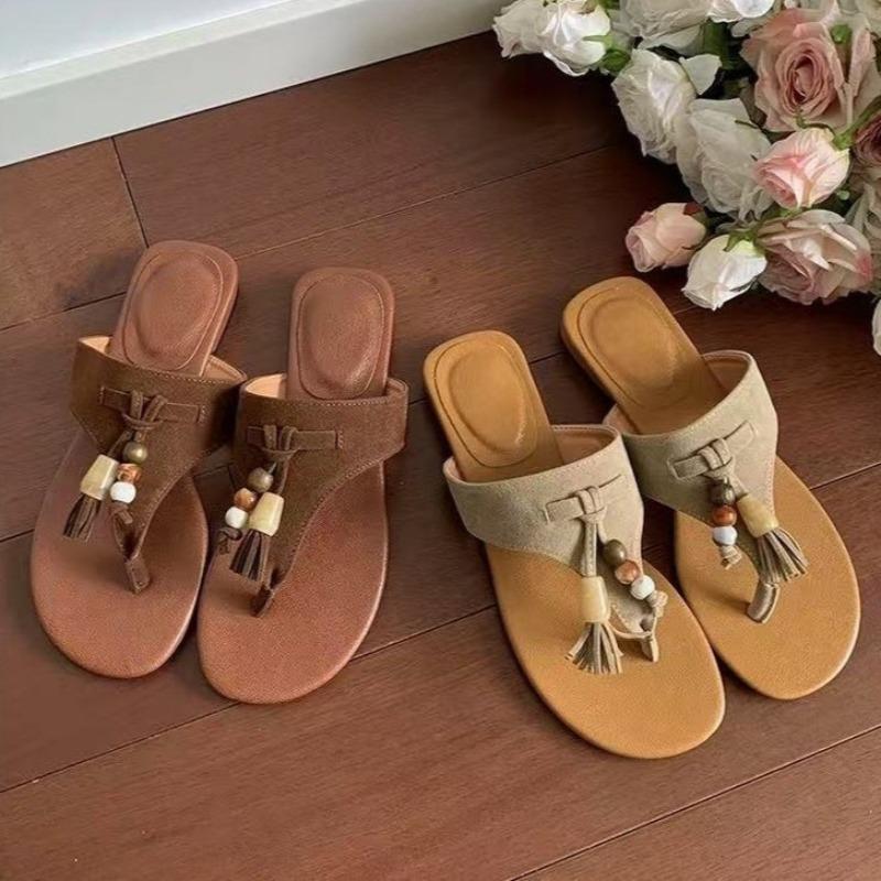Retro Metal Pendant Decoration Flip Flops Woman Fashion Square Toe Low Heel Slippers Summer Outdoor Casual Sandals
