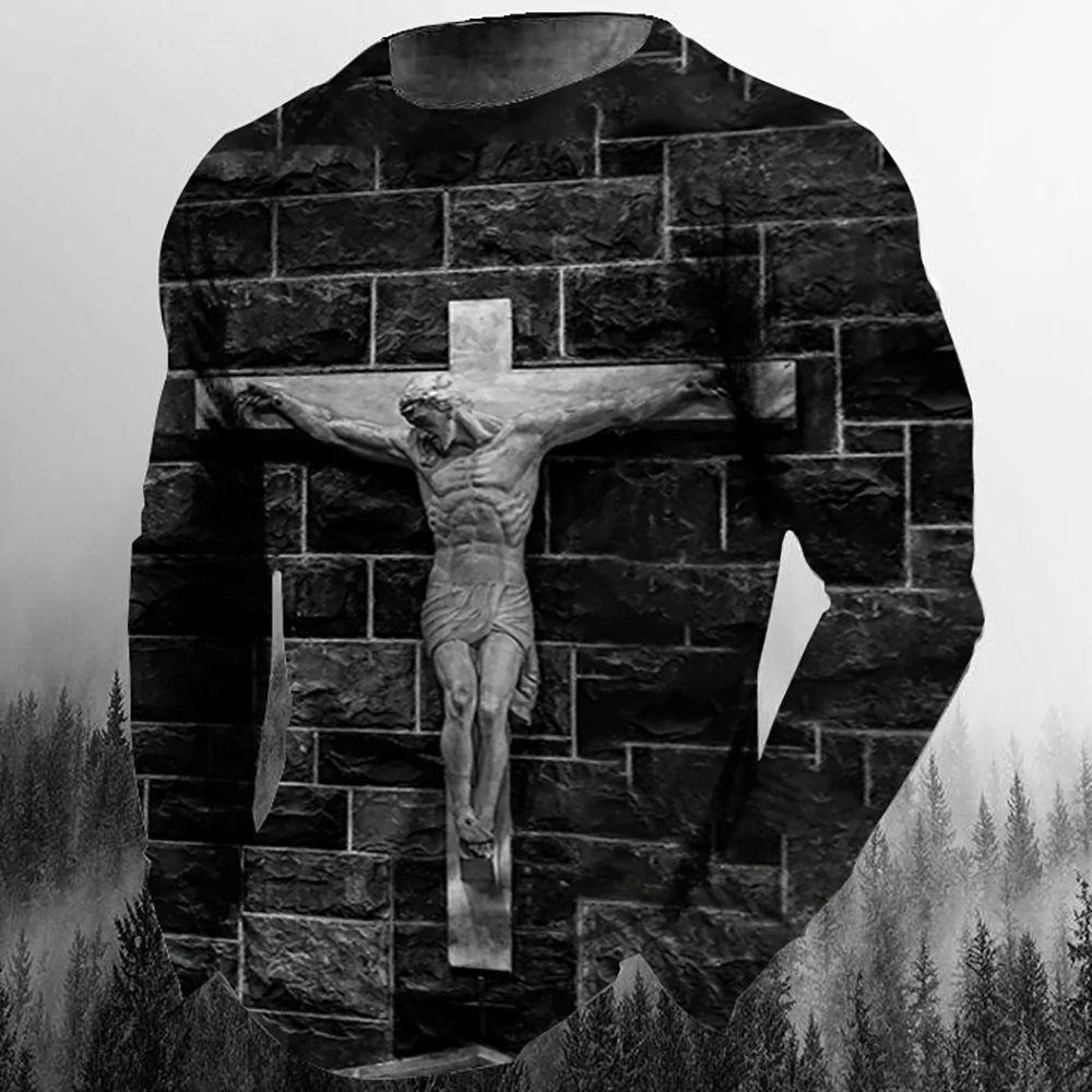 Camiseta de manga larga informal de moda para hombre con estampado 3D retro de Jesucristo, personalidad callejera, cuello redondo holgado, estilo Harajuku, top de gran tamaño
