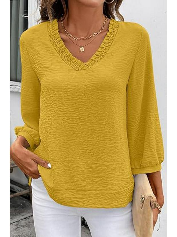 Women's V-Neck Ruffled Blouse - 3/4 Sleeve Loose Casual Shirt