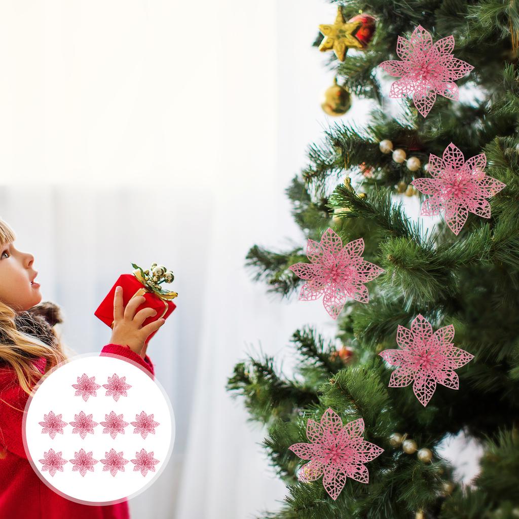 10pcs Christmas Glitter Poinsettia Flowers Tree naments Flower Artificial Decoration Tree nament Xmas Party Supplies