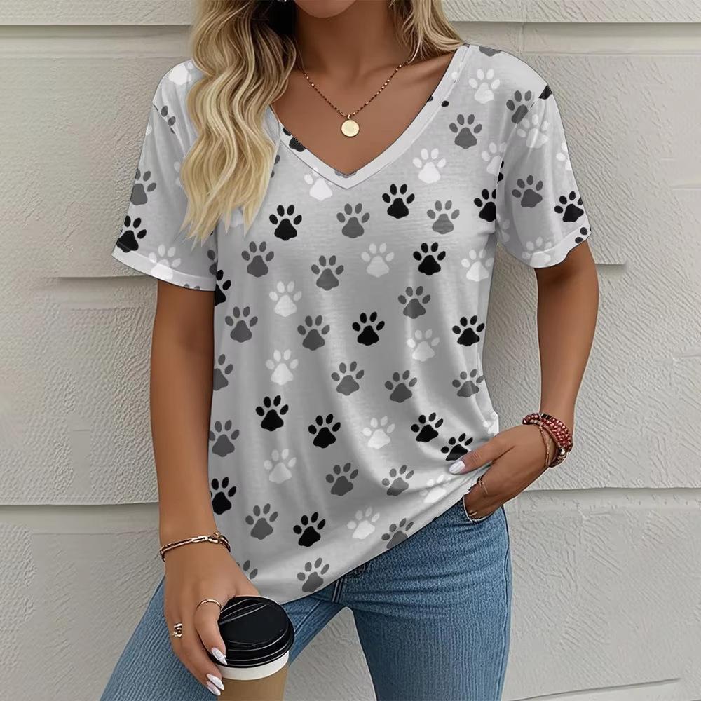 Summer V-neck 3D Printed Cat's Paw Pattern Top Fashionable Casual Short Sleeved Women's T-shirts