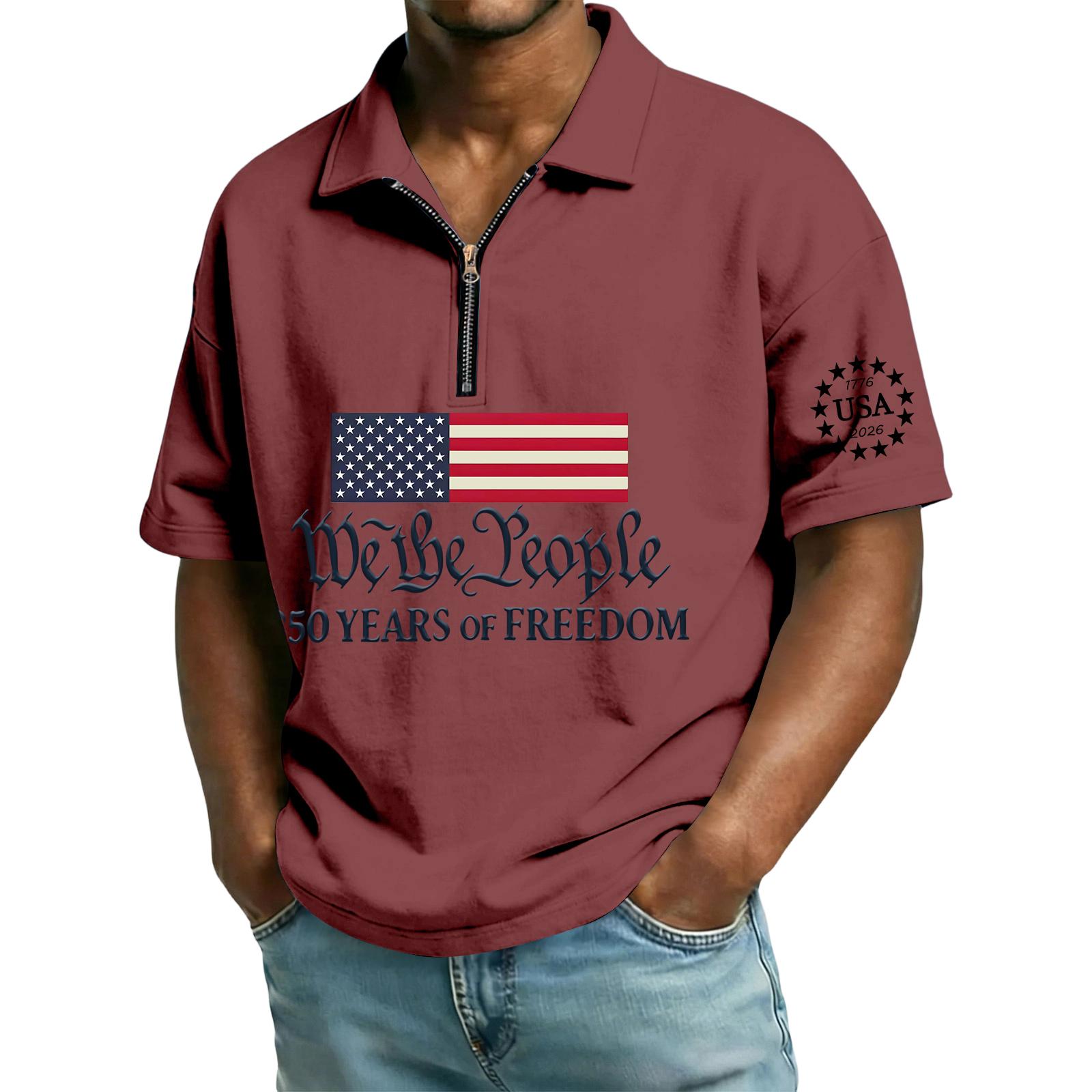 

Men s Short Sleeve Polo Shirt with Zipper Collar We the 50 Years of Print USA Flag Graphic Top XXXL
