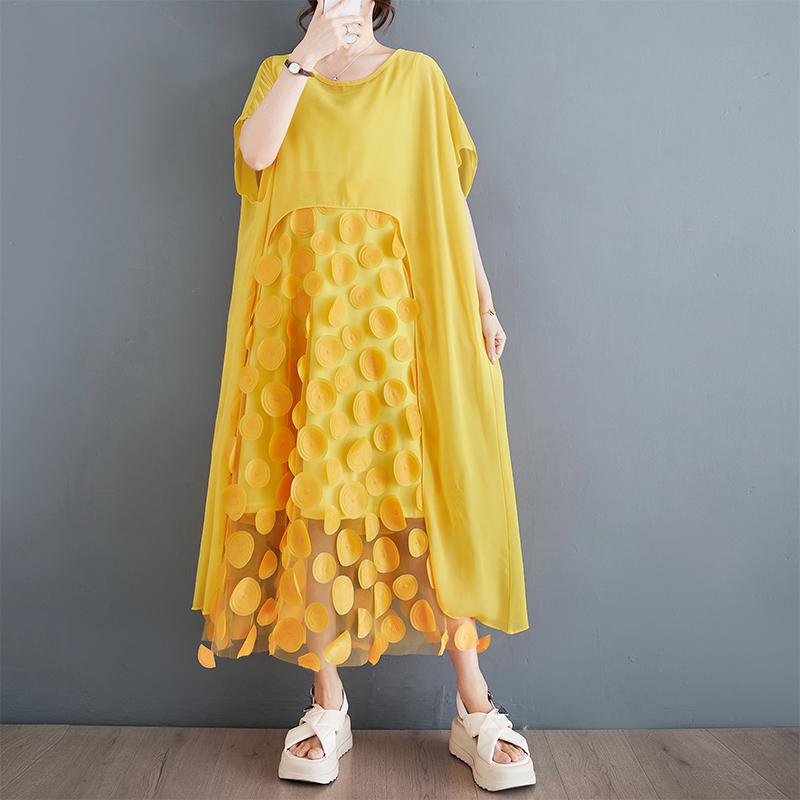 

DIMANAF Summer Women 2025 Basic Plus Size Dress Casual Short Sleeve Dress Loose Solid Long Dress One Size жёлтый