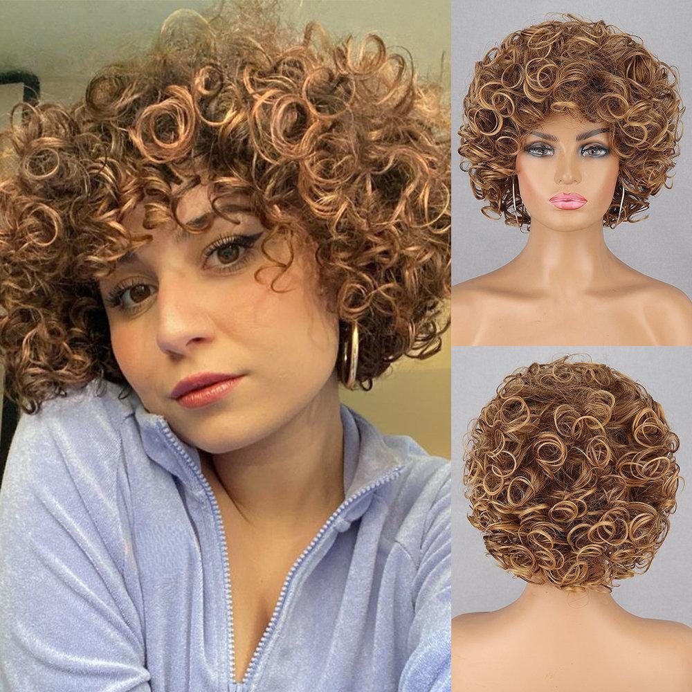 Golden Wig African Curls Women Fashion Large Roll Short Wig Daily Wear Cosplay Synthetic Fiber Wig KTB