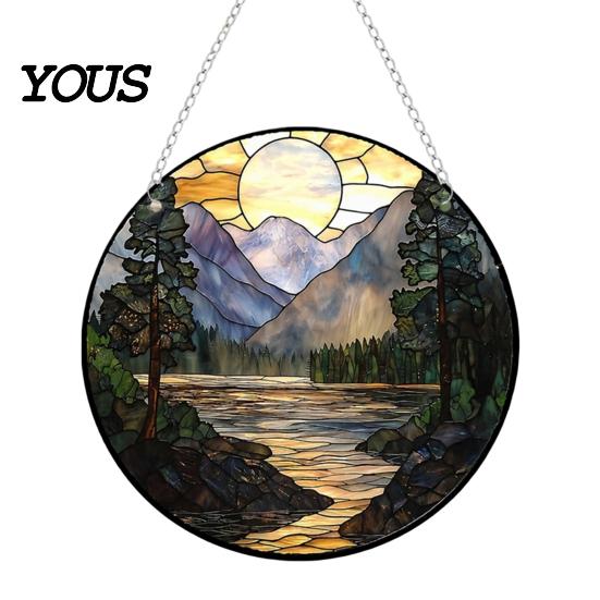 Retro Style Suncatcher Acrylic Scenery/Bird Hanging Ornament, Stained Glass Pendant, Double Sided Indoor Christmas Wall Decor Decoration with