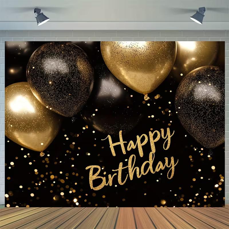 2D Luxury Black Gold Birthday Backdrop - Formal Party Photo Booth Background