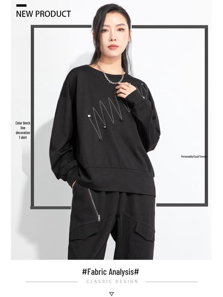 Damen Übergröße T-Shirt im Dark Style mit 3D-Dekoration: Herbst 2025 Koreanischer Lazy Wind Yamamoto-Stil