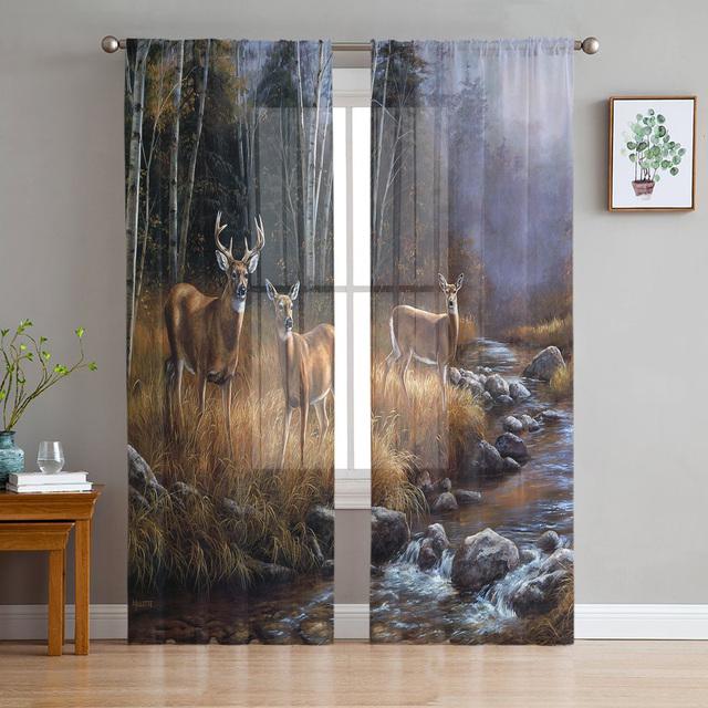 Deer Autumn Winter Forest Modern Sheer Curtains For Living Room Bedroom Tulle Curtains Window Voile Curtain Kitchen Hotel Decor