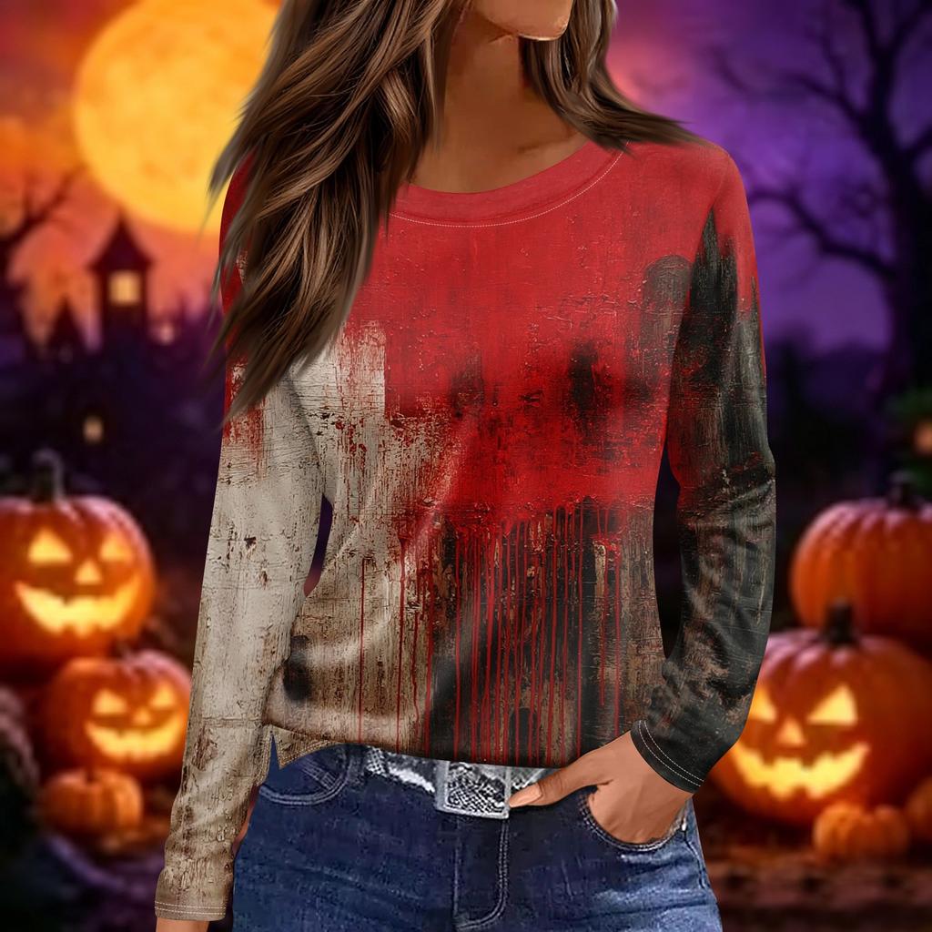 Women's Long Sleeve Halloween Print Top Round Neck Casual Pullover Shirt with Split Hem Lightweight Fabric for Seasonal Wear