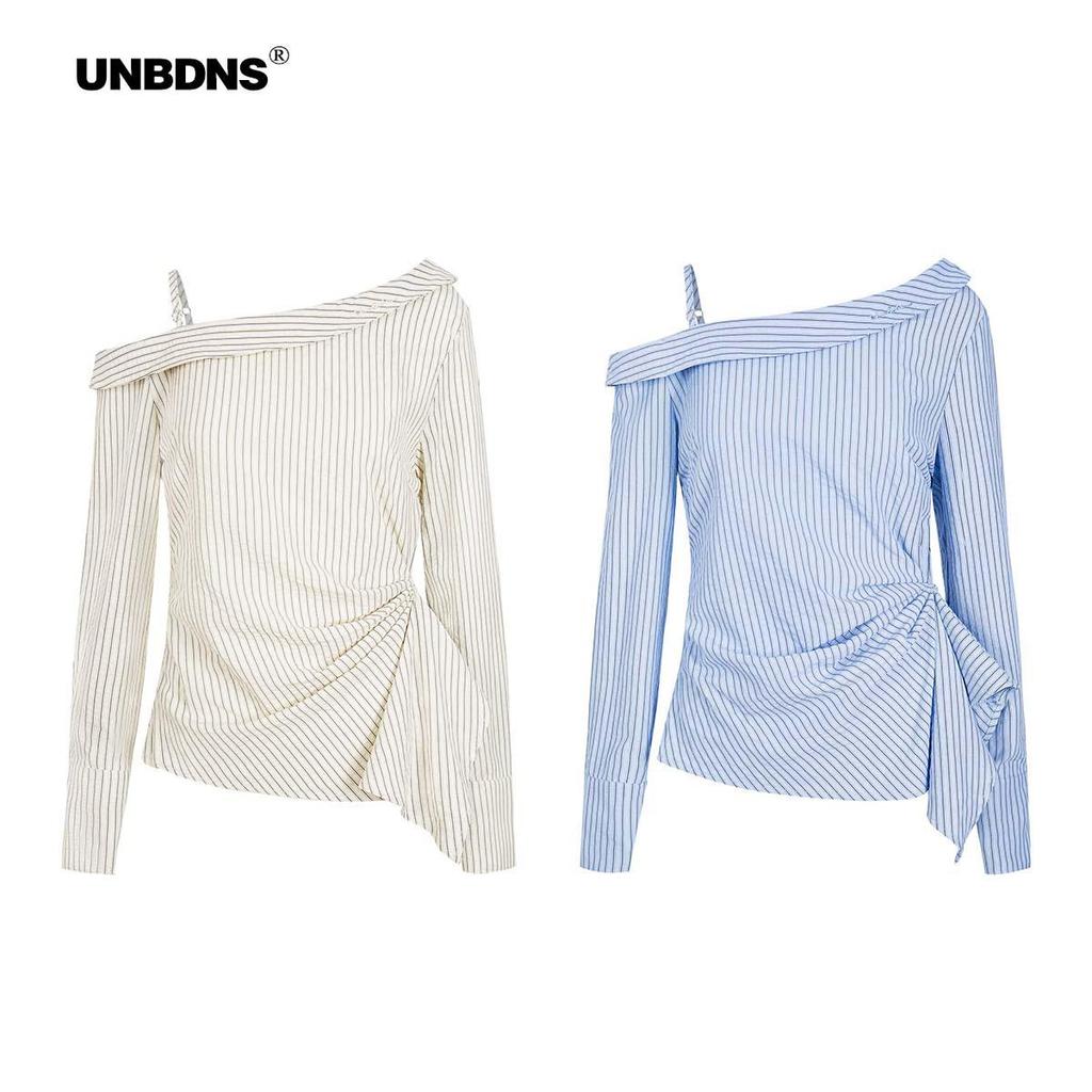 UNBDNS Women's One-Shoulder Striped Tie-Up Shirt: Slimming, Versatile Long Sleeve Top for Autumn
