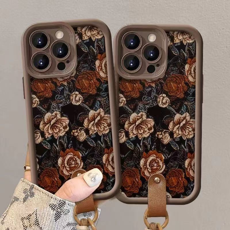 Retro flower for iphone17pro mobile phone case Apple 15 anti-drop 14 hand rope 13promax new 16x