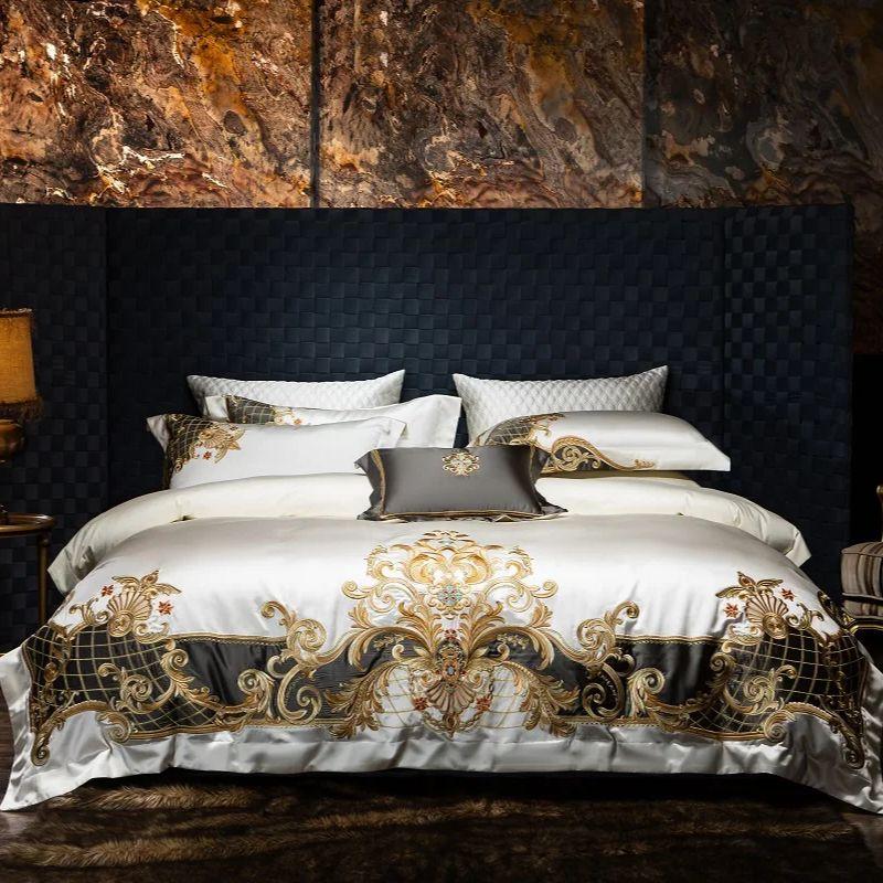 4/6/7Pcs European Luxury Gold Embroidery Satin 1000TC Egyptian Cotton Bedding Set Soft Silky Duvet Cover Bed Sheet Pillowcases