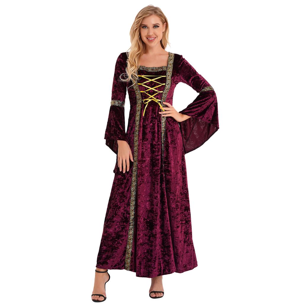 Robe Vintage rétro médiévale pour femmes, manches évasées, à lacets, Costume de sorcière Cosplay d'halloween