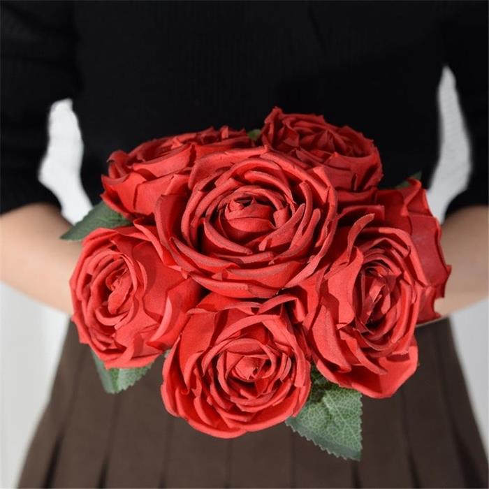 Artificial Flowers Roses 7 Pieces Ready-Made Rose Bouquet Flower Arrangement for Vase - Red