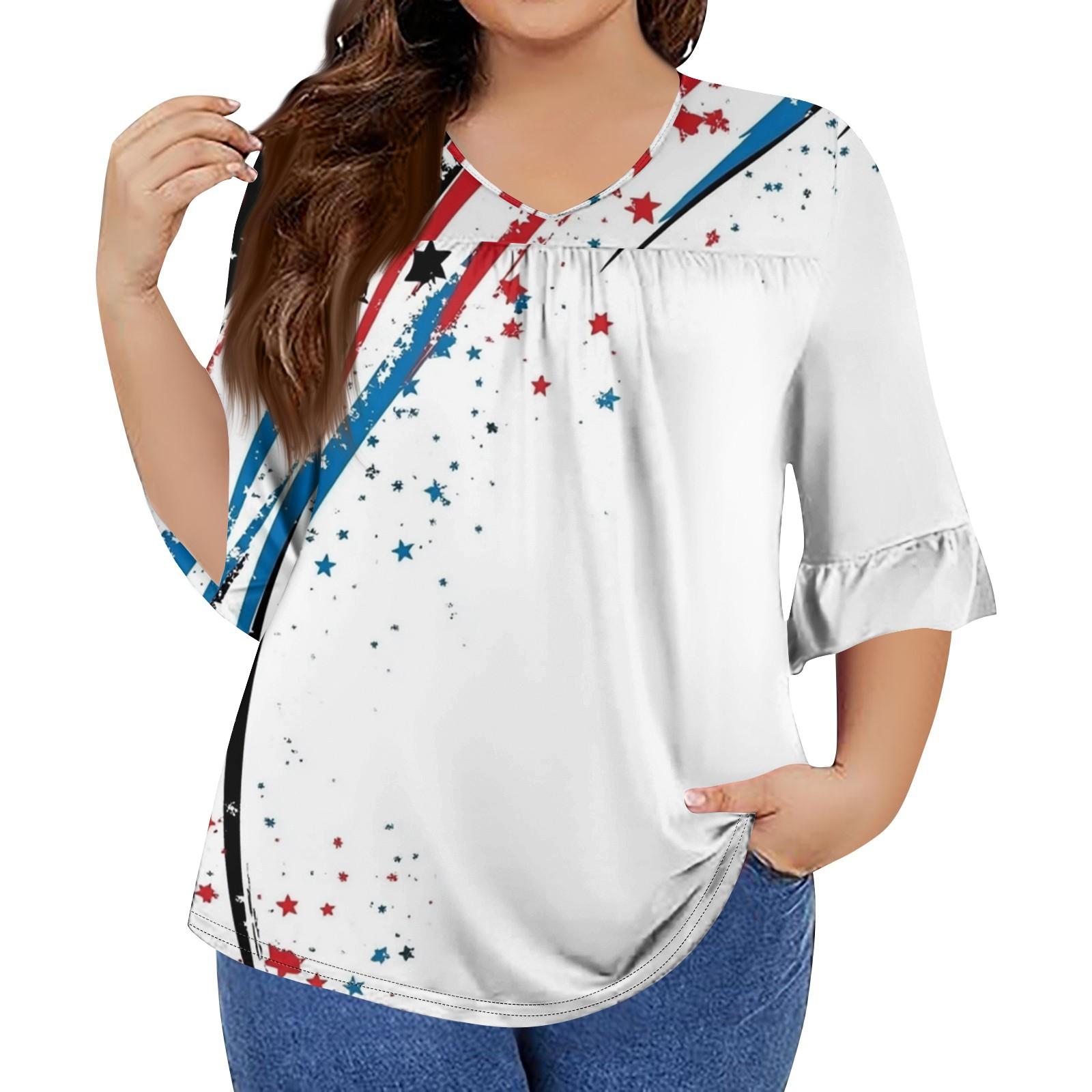 

Женская мода повседневная футболка с V-образным вырезом, рукавами-семью, оборками, принтом «День независимости», топы, женские топы больших размеров XL белый