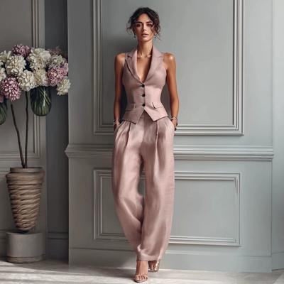 Women's Sleeveless Blazer Vest and High Waist Pants Two Piece Set
