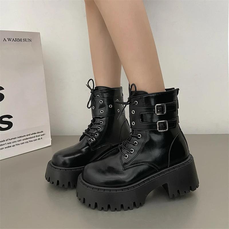 Fashion Lace-up Combat Women Ankle Boots 2024 Chunky Heel Platform Women Boots British Style Thick Sole Increase Height Casual Boots