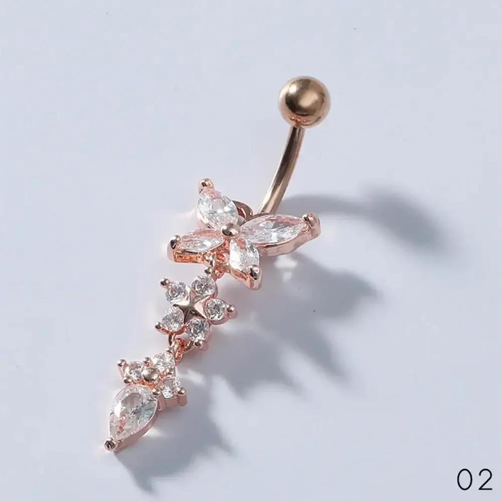 Schönes Bauchnabelpiercing Körperschmuck Mode Glänzend Schmetterling Blume Zirkon Anhänger Edelstahl Bauchnabelring