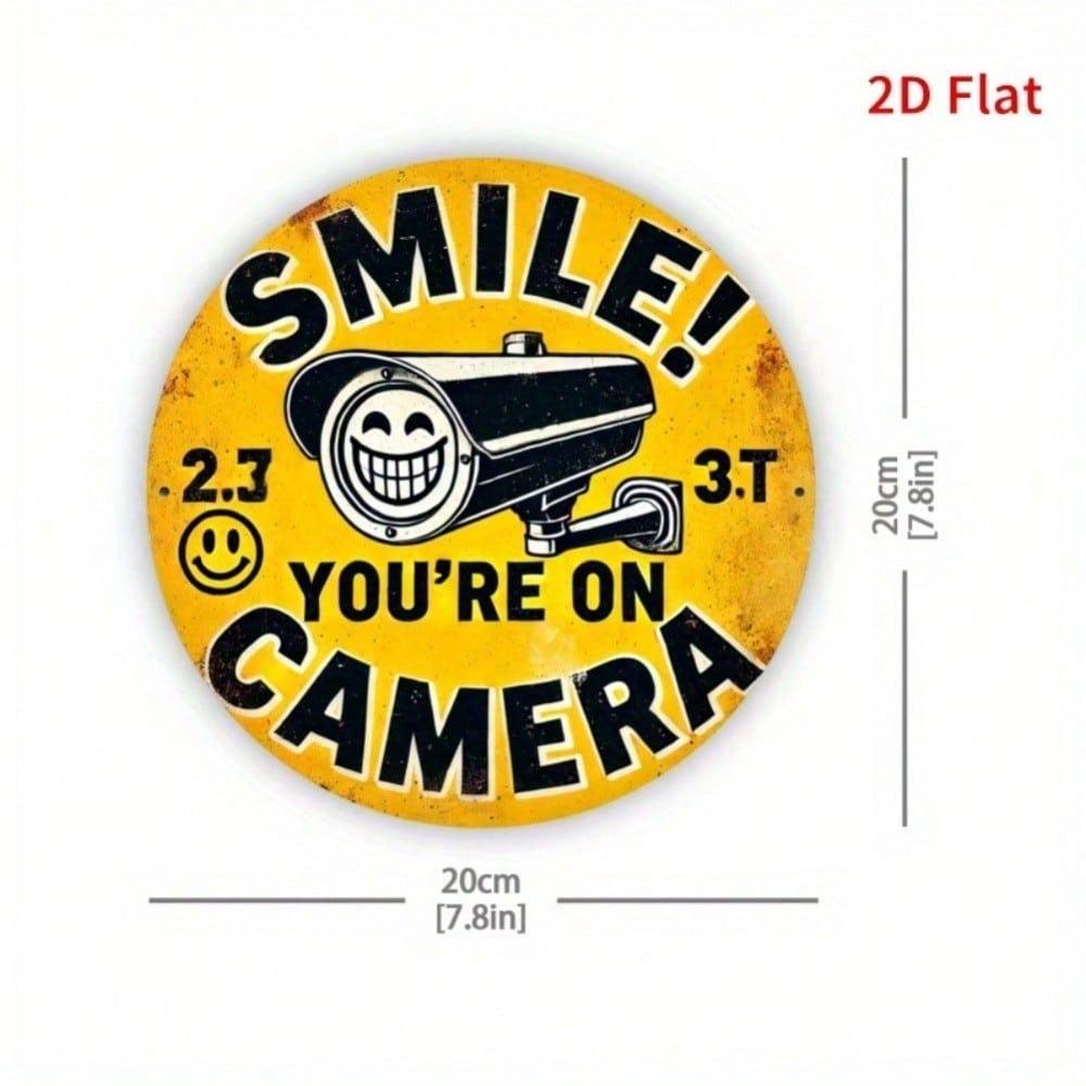 2D Flat Metal Sign Smile Youre On Camera Retro Tin Sign Yellow Round Metal Plate for Bar Home Wall Decor