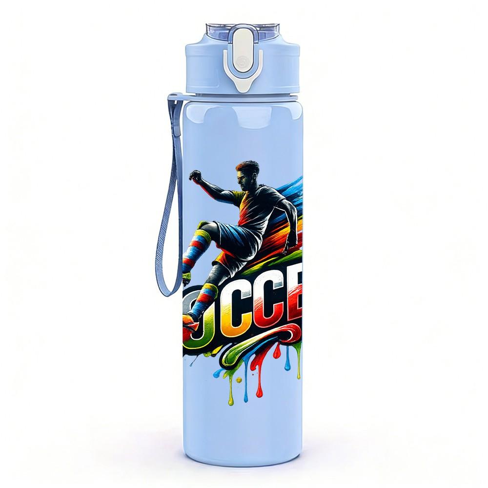 1PC Color Splash Soccer Player Print 750ml Color Plastic Sports Water Bottle Leakproof Flip Straw Lid Suitable for Sports Office Home Use