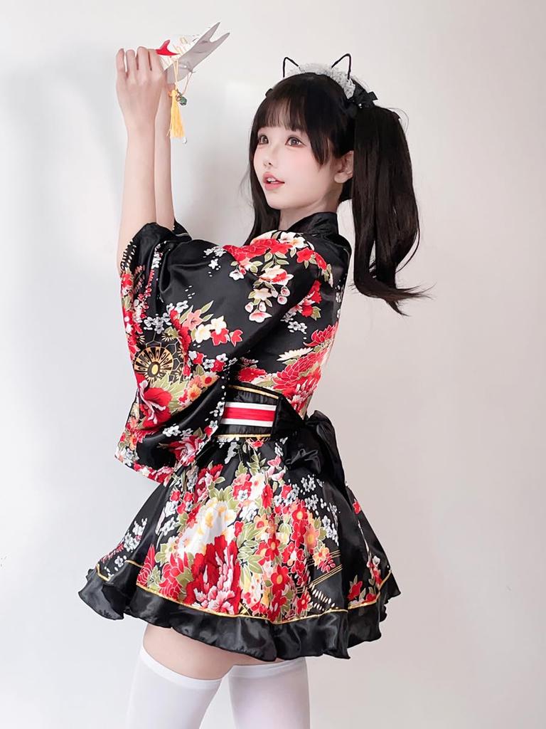Ni Japanischer Oiran-Druck Yukata mit Obi-Set Einheitsgröße [Kaze Shion] Damen (Oiran) (Yukata) (Schärpe) - 2 Stück (Schwarz, Alle)