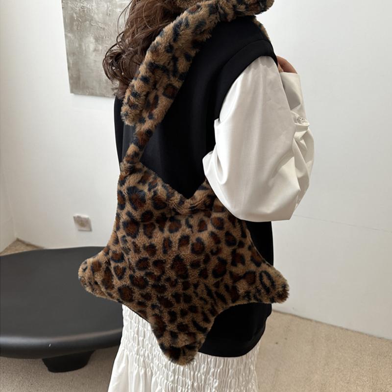Winter Furry Star Large Capacity Shoulder Bag Vintage Tote Handbags Female Leopard Pattern Plush Crossbody Bags for Women CLE