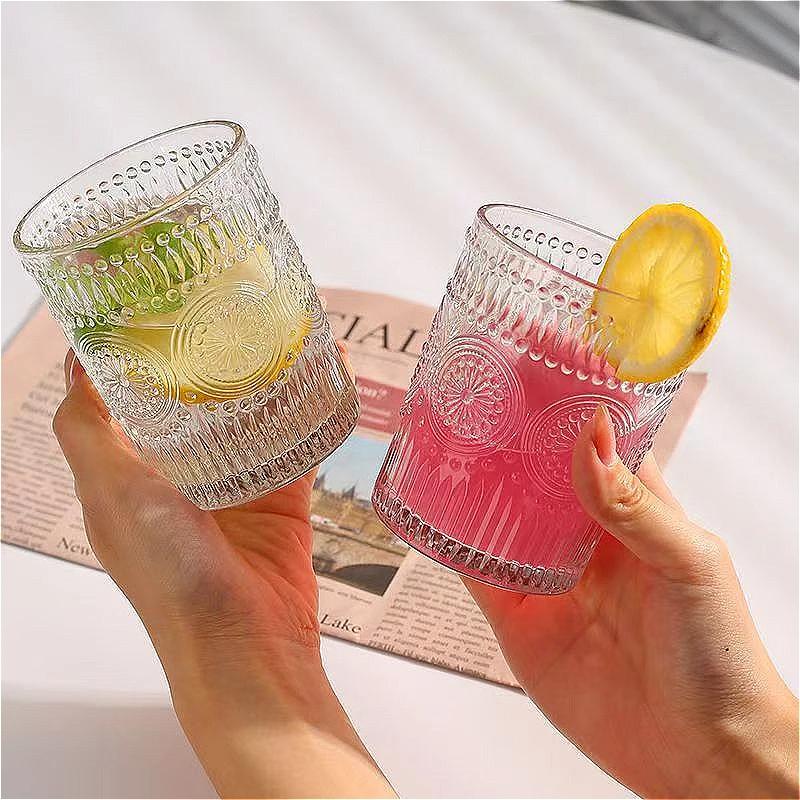 300ml/350ml Sunflower Pattern Glass Cup Exquisite Beer Glass Vintage Relief Water Cup Juice Milk Tea Mugs Household Drinkware