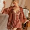 Damen Samt Robe Kimono Bademantel Kleid Sexy Spitzenbesatz Nachthemd Sleewpear Herbst Winter Lose Velours Home Dress Loungewear
