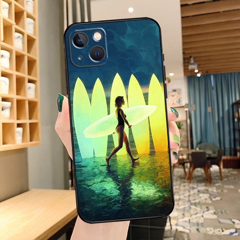 

Surfing Art Surf Girl Phone Case For iPhone 16 17 Pro Max 15 14 13 11 12 Pro Max mini 15 16 Plus 16e 17 Air Cover iPhone 13 mini