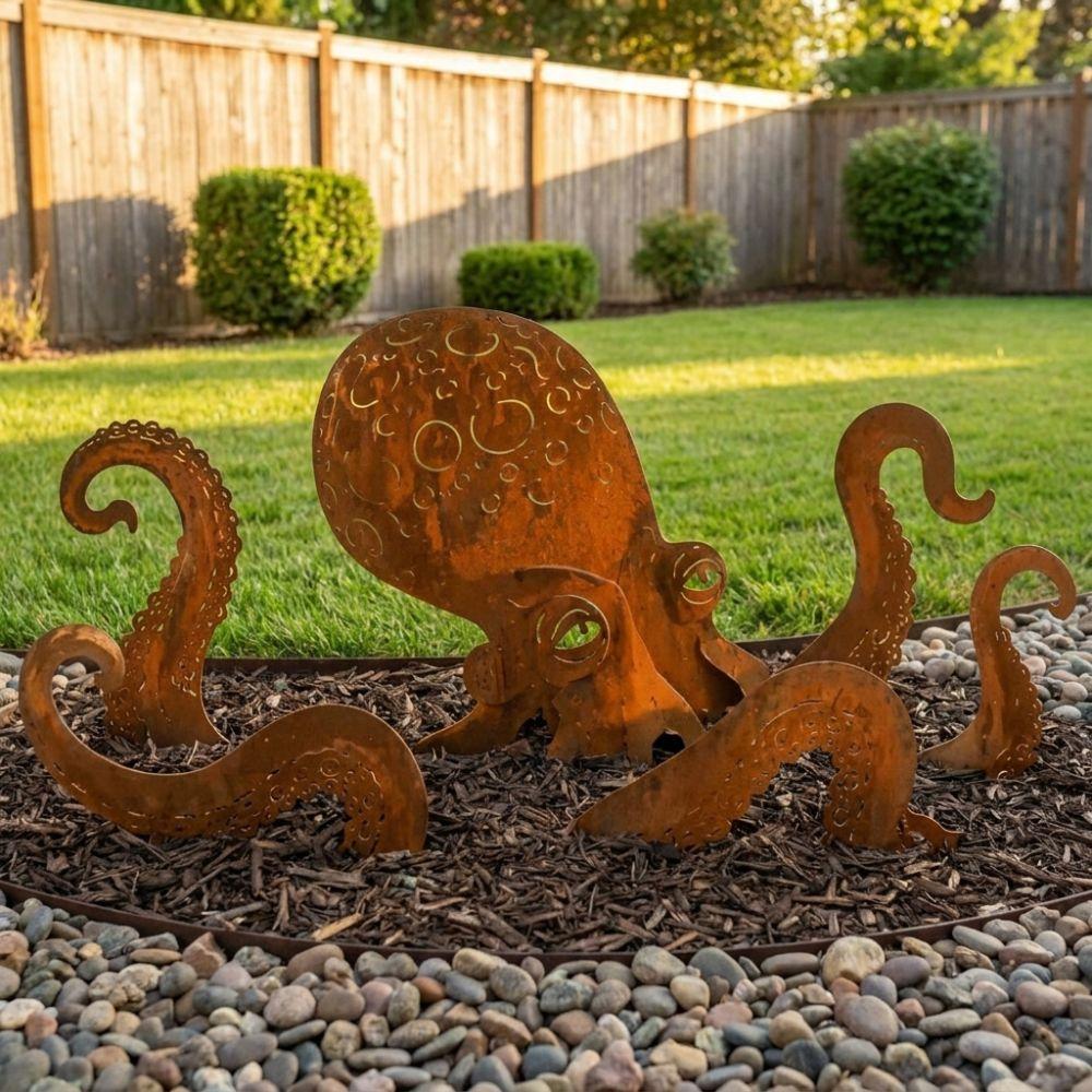 Vintage Iron Rusty Metal Squid Garden Statue Coastal Art Squid Yard Art Decor Outdoor Yard Art