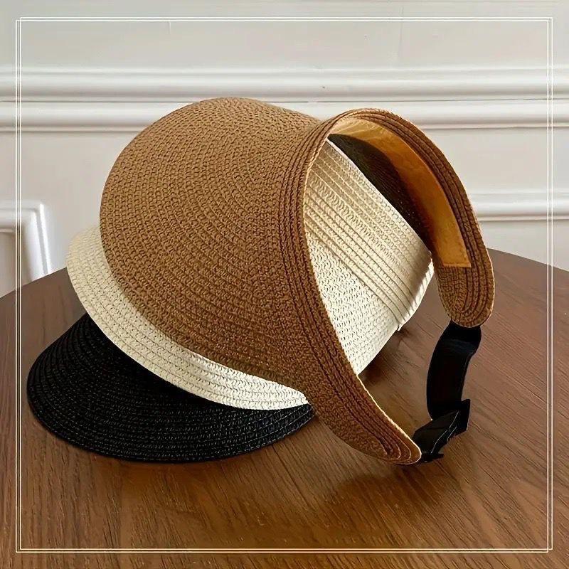 Women Straw Sun Visor Hat Adjustable Wide Brim Open Top Beach Cap Foldable Roll Up Summer UV Protection Travel Hat
