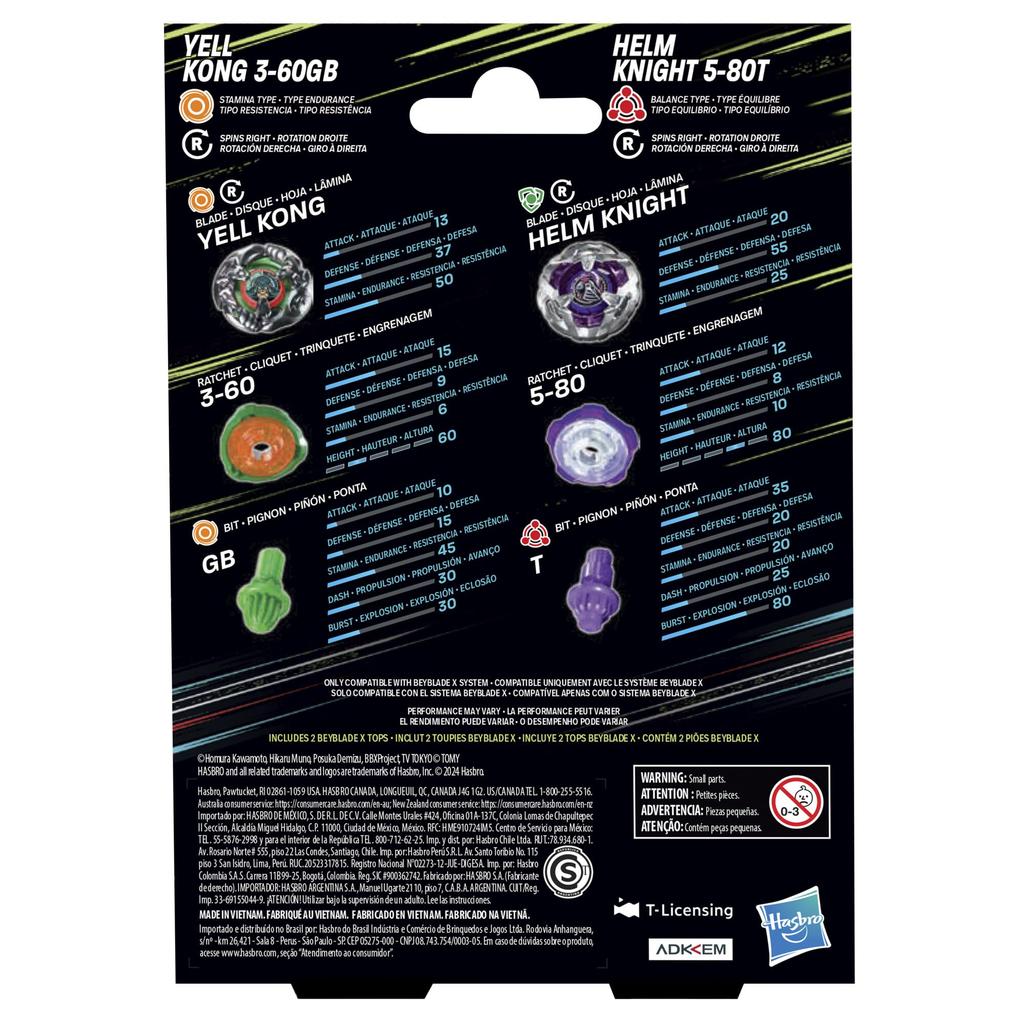 Beyblade X Yell Kong Helm Knight Dual Pack Set with 2 Battle Top Toy for Boys and Girls Ages 8 and Up 3-60GB 5-80T Right-Spinning Tops,