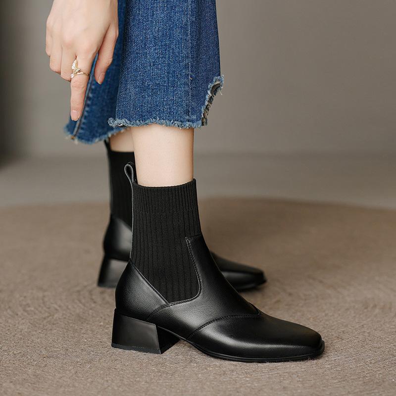 Knitted Sleeve Elastic Skinny Socks Boots Retro Square Head Thick Medium Heel Short Boots Women's Autumn, Winter and Naked Boots