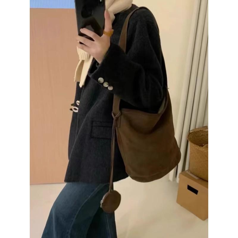 Soft Suede Bucket Bag Women Men - Casual Unisex Shoulder Handbag With Stitched Detail Large Size Yellow Brown
