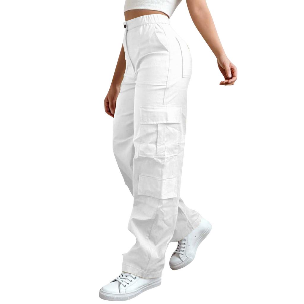 Womens Elastic High Waisted Cargo Pants Stretch Casual Wide Leg Streetwear Parachute Hiking Pants With Pockets