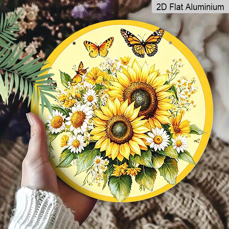 2D Flat, 1pc Round Aluminum Hanging Sign, Bright Sunflower & Monarch Butterfly Metal Wall Art, Floral Daisy Bouquet Design, Perfect for Garden