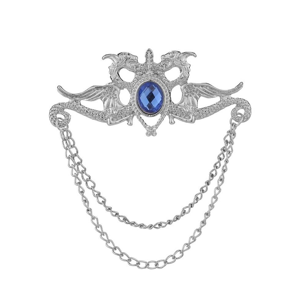 Zinc Zinc Alloy Chinese Dragon Tassel Brooch Rhinestone Men Brooch Exquisite Suit Collar Pin  Business Silver Blue 6.8cm