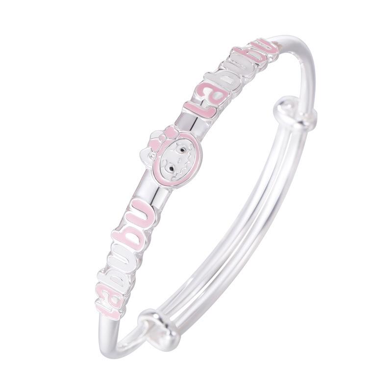 Sterling Silver Cartoon Bracelet for Girls 4-12 Years - Pink Push-Pull Design, Perfect Birthday Gift
