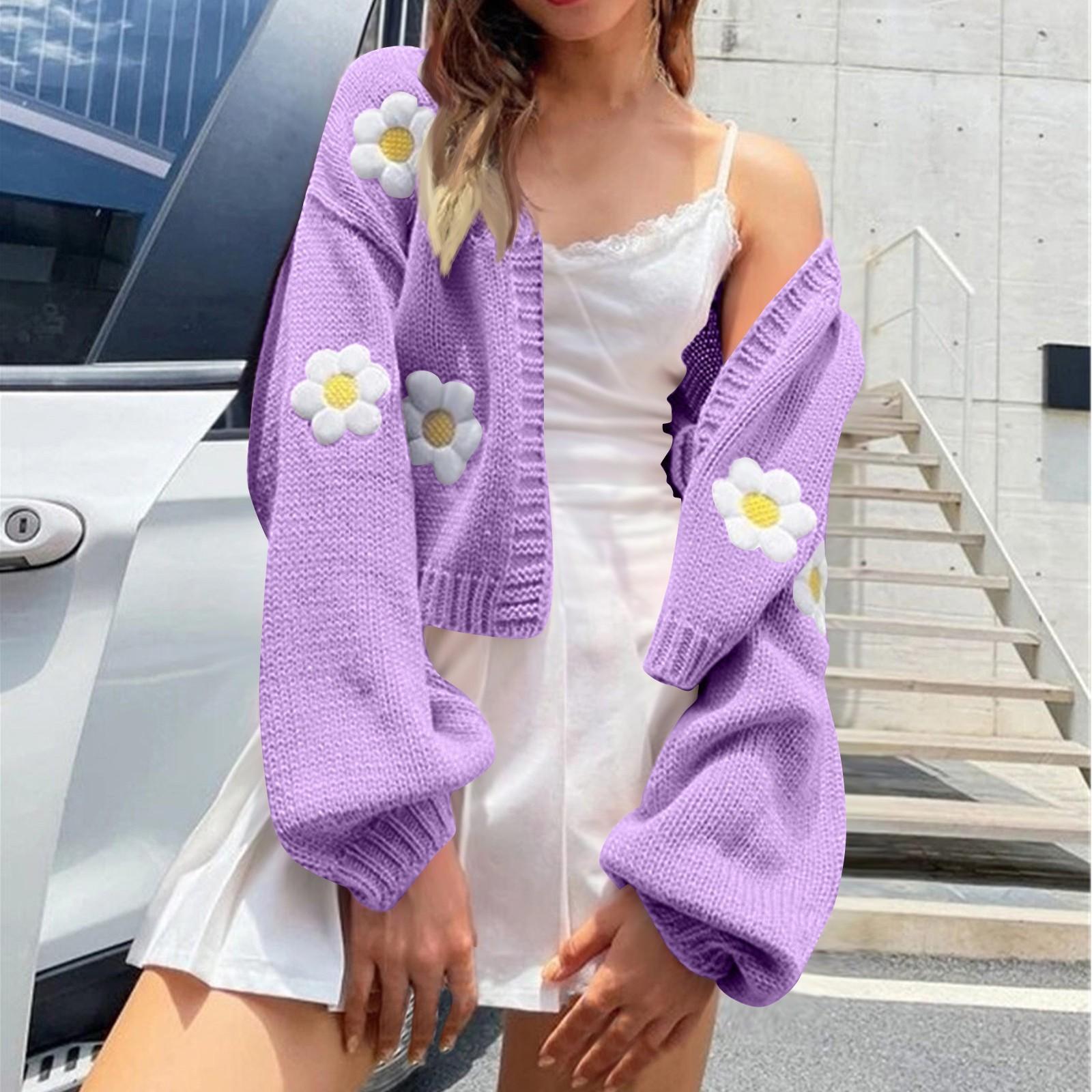 

Женский цветочный свитер, свободный короткий вязаный кардиган M фиолетовый