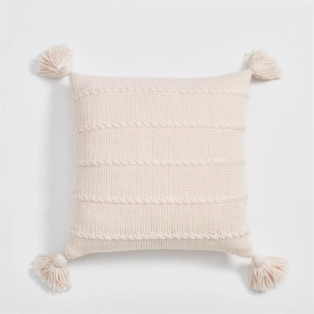 YIRUIO Scandinavian Style Cable Knit Pillow Case Fall Decor Kawaii Tassel Stripe Design Soft Sofa Bed Throw Pillow Case Cover