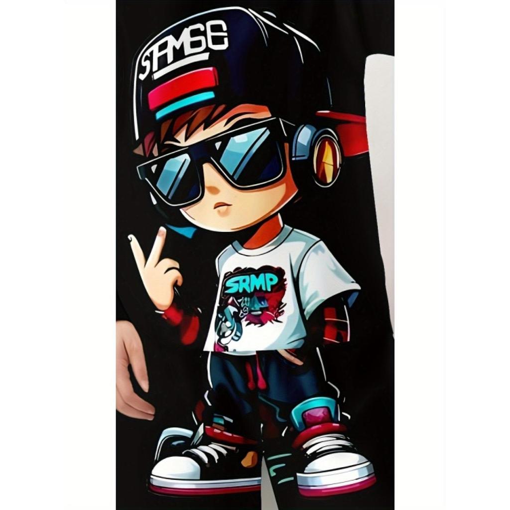 New summer set for teenagers, cool and handsome boy print, casual pullover, boy T-shirt shorts set