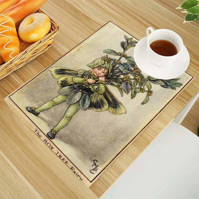 The Fairies Of The Winter Print Linen Dining Table Mats Alphabet Kitchen Placemat 30X45cm Coasters Pads Bowl Cup Mat