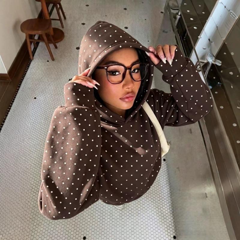 Women S Loose Fit Polka Dot Print Hooded Sweatshirt