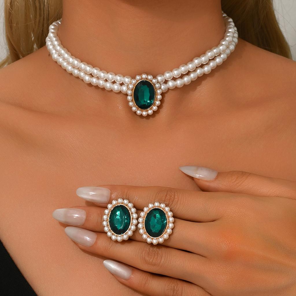 3PC Women's Fashion Imitation Pearl Geometric Set Necklace Earrings Zircon Set Lightly Designed Holiday Gift