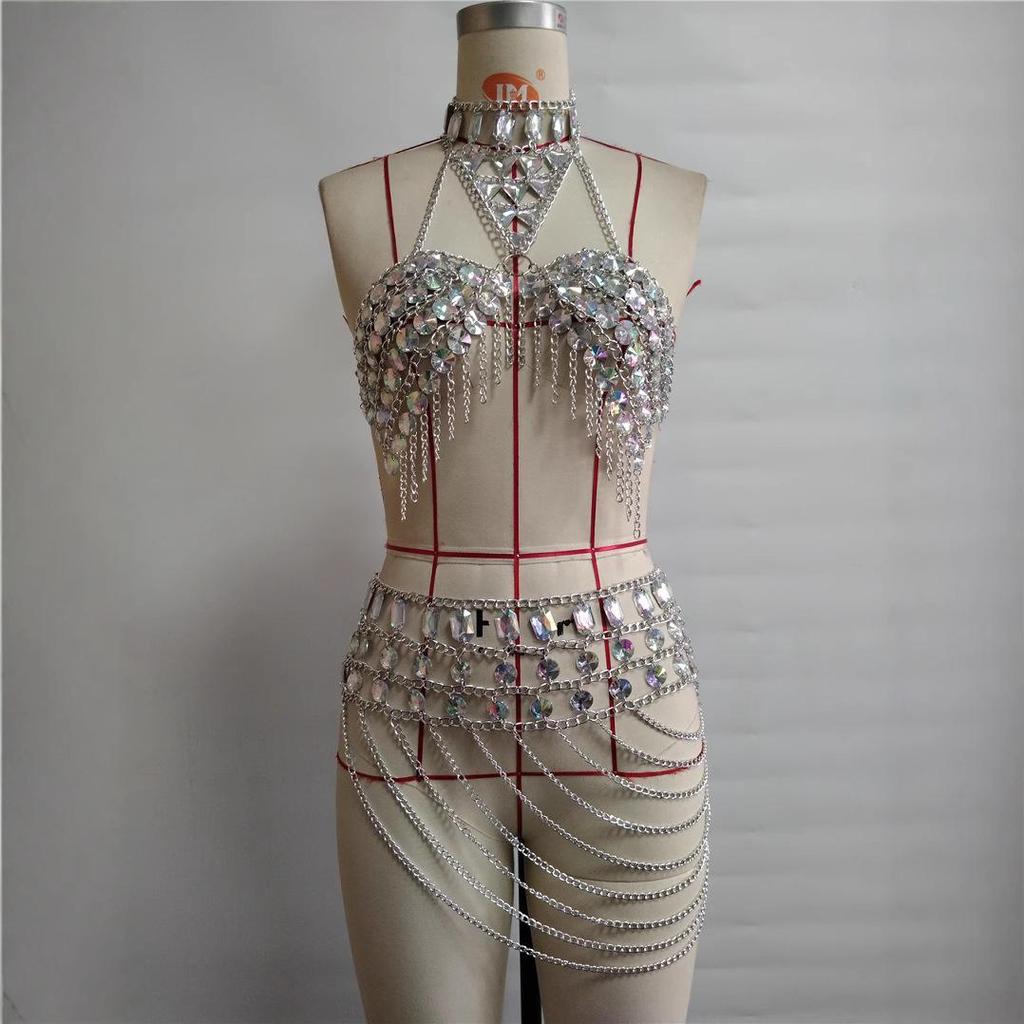 Women's Multi-Layer Metal Tassel Waist Chain and Sexy Bikini Backless Bra Set