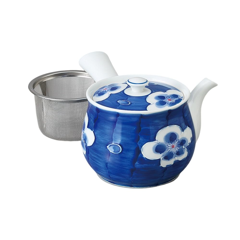 

650cc Arita Ware Teapot with Plum Blossom Design Steel with Extra Made in Porcelain Ale-net (Stainless Strainer) - Large, Japan,