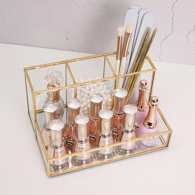 Clear Glass Makeup Organizer Cosmetic Organizer with Golden Covered Edge Jewelry Makeup Container Case Lipstick Organizer