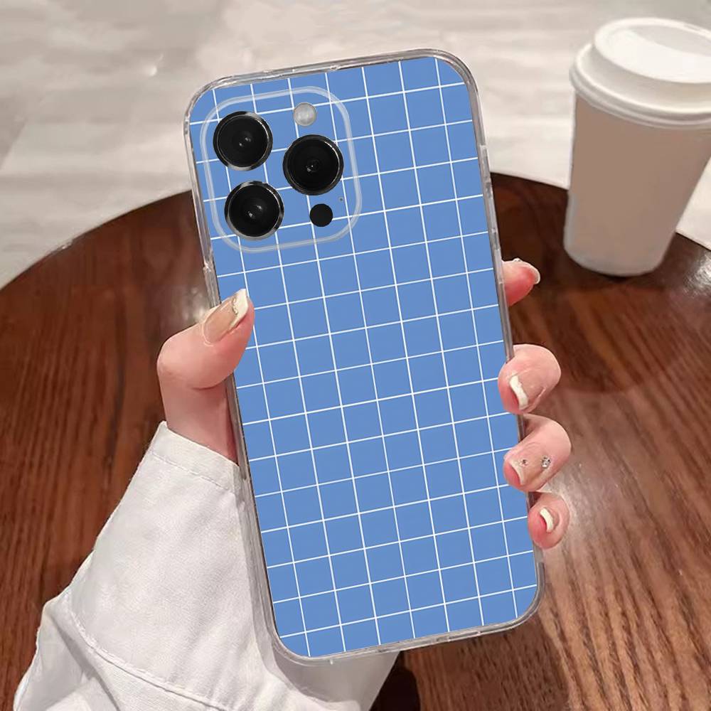 Ins Korean Blue Striped Grid Phone Case For iPhone 17,16,15,14,13,12,11 Plus,Pro,Max,XR,XS,Plus,E,SE4,Mini Transparent Cover